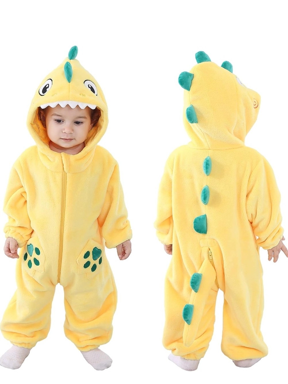 Yellow Dinosaur Hooded One-Piece for Kids - Plush Jumpsuit